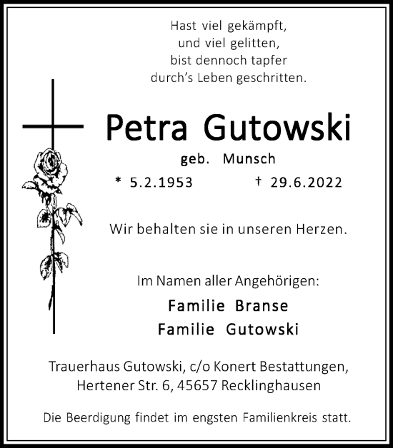 Traueranzeige von Petra Gutowski von Medienhaus Bauer