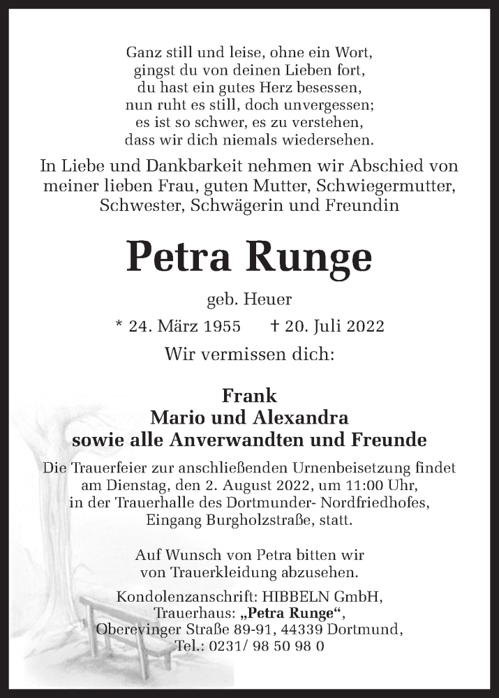  Traueranzeige für Petra Runge vom 27.07.2022 aus 