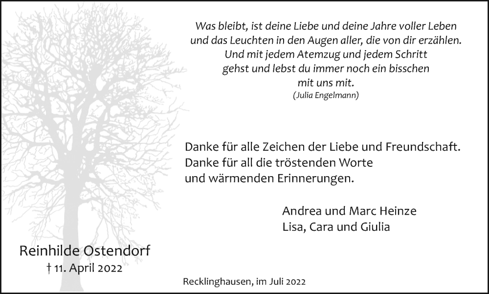  Traueranzeige für Reinhilde Ostendorf vom 02.07.2022 aus Medienhaus Bauer