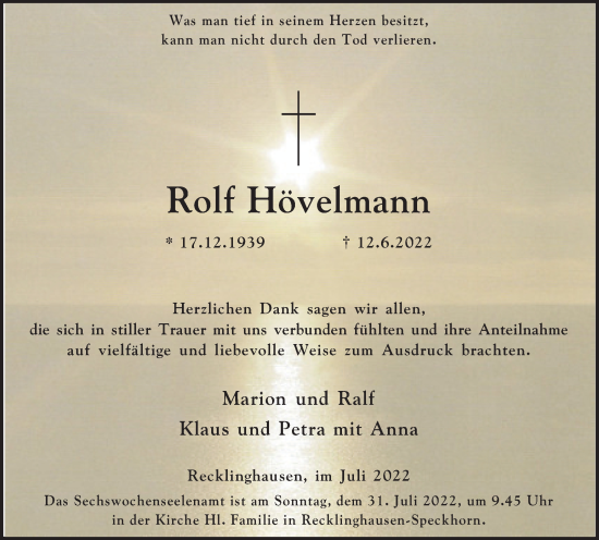 Traueranzeige von Rolf Hövelmann von Medienhaus Bauer