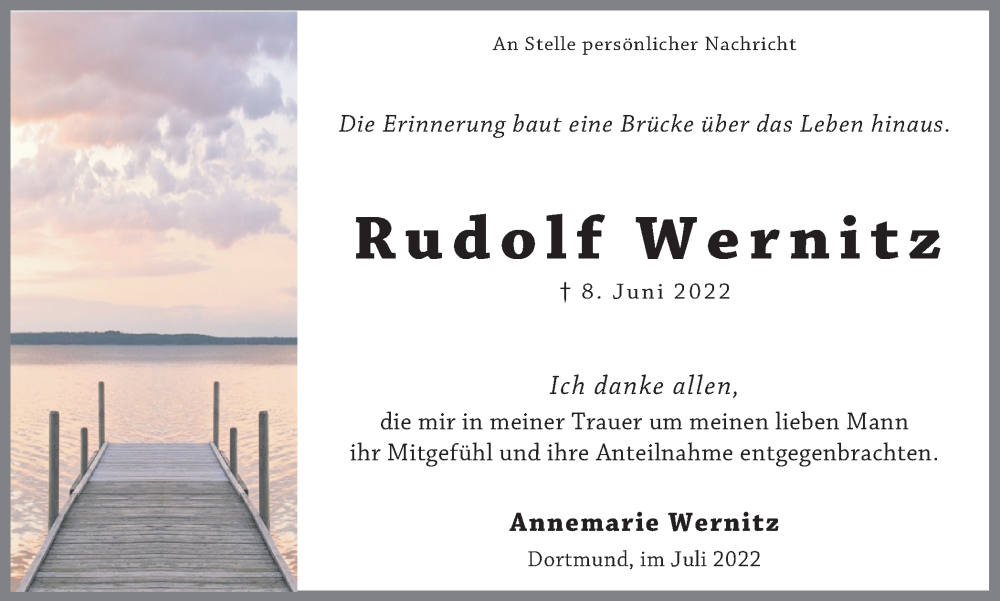  Traueranzeige für Rudolf Wernitz vom 09.07.2022 aus 