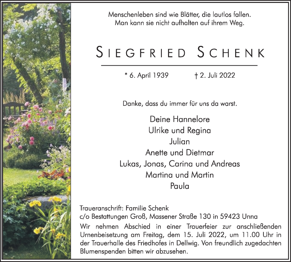  Traueranzeige für Siegfried Schenk vom 09.07.2022 aus Hellweger Anzeiger