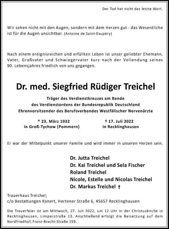 Traueranzeige von Siegfried Rüdiger Treichel von Medienhaus Bauer