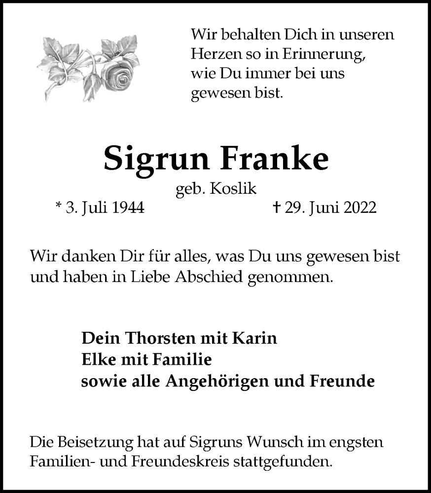  Traueranzeige für Sigrun Franke vom 12.07.2022 aus Medienhaus Bauer
