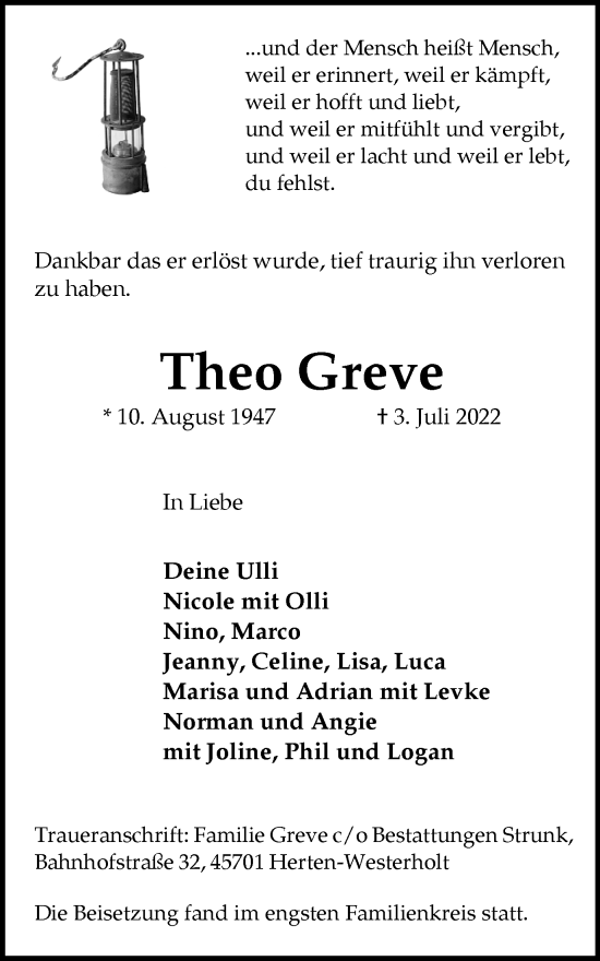Traueranzeige von Theo Greve von Medienhaus Bauer