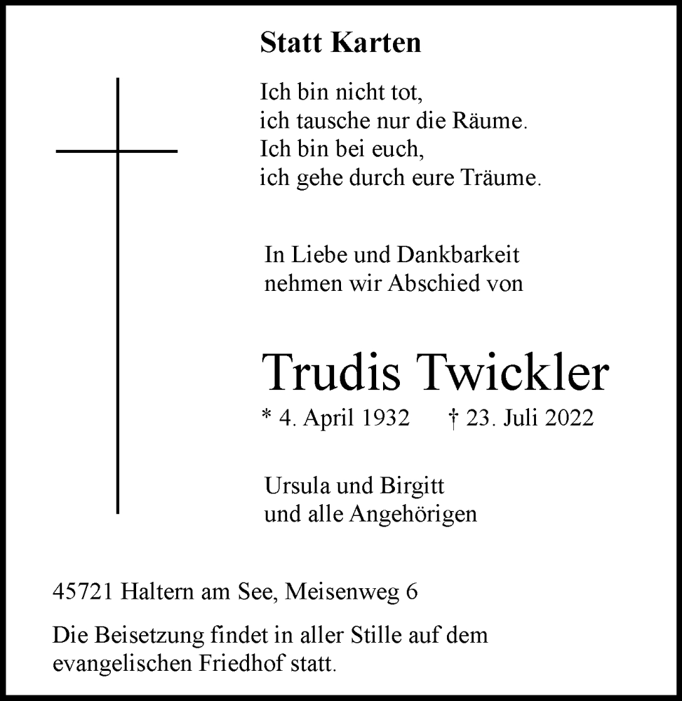  Traueranzeige für Trudis Twickler vom 26.07.2022 aus Ruhr Nachrichten und Halterner Zeitung