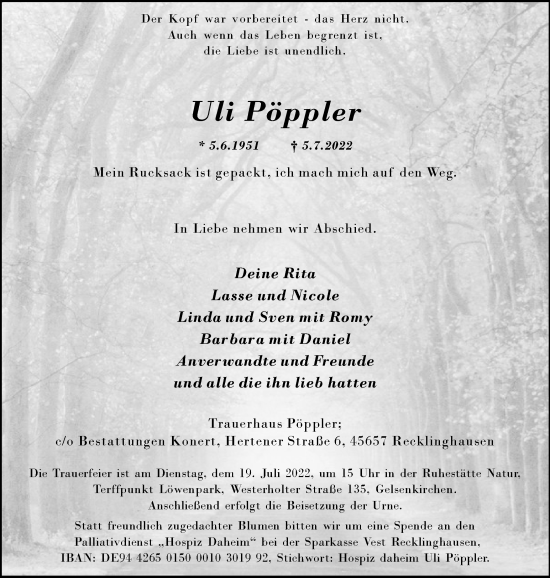 Traueranzeige von Uli Pöppler von Medienhaus Bauer