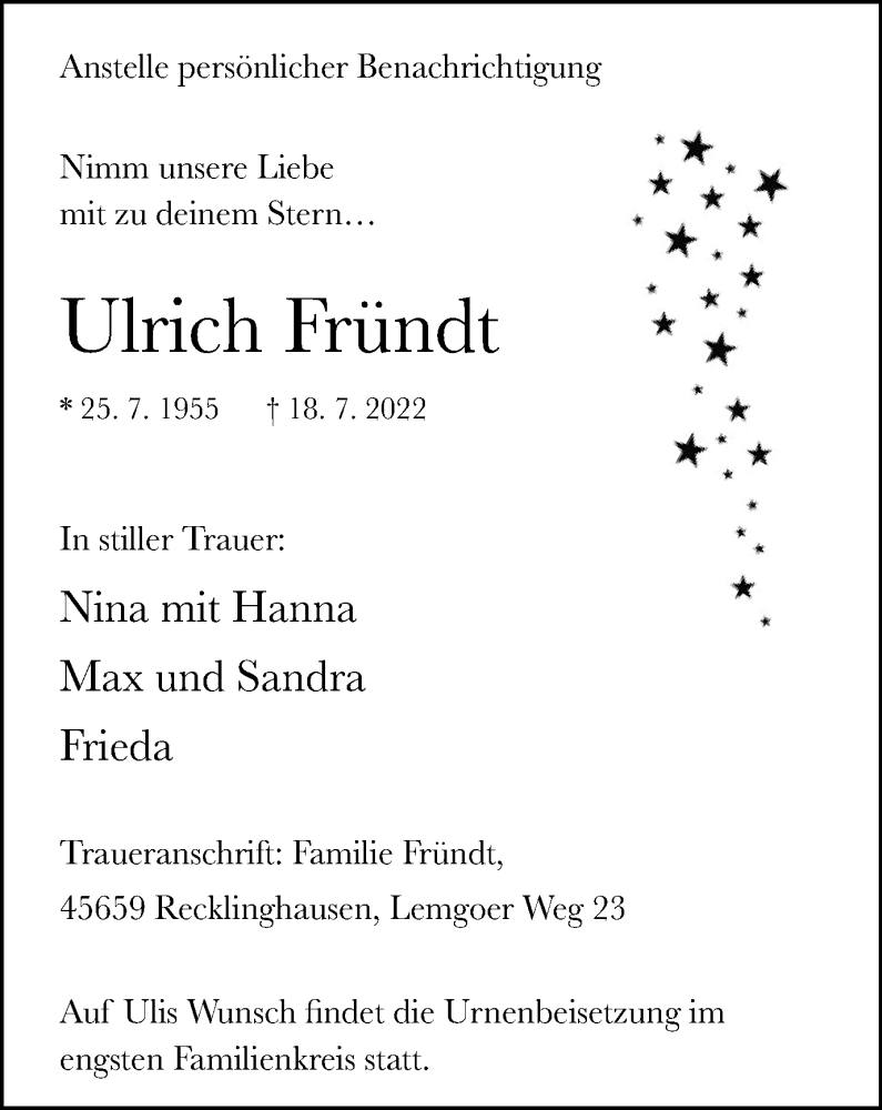  Traueranzeige für Ulrich Fründt vom 23.07.2022 aus Medienhaus Bauer