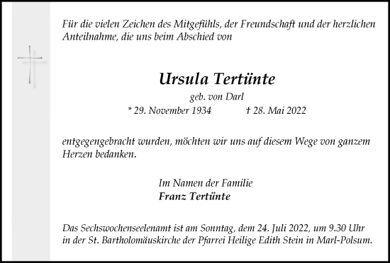 Traueranzeige von Ursula Tertünte von Medienhaus Bauer