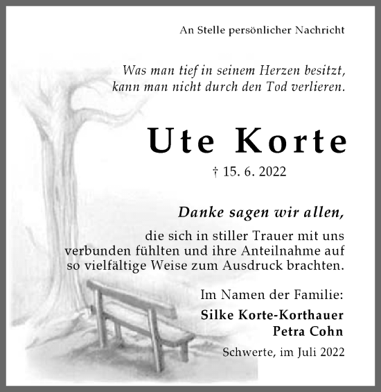Traueranzeige von Ute Korte von Ruhr Nachrichten
