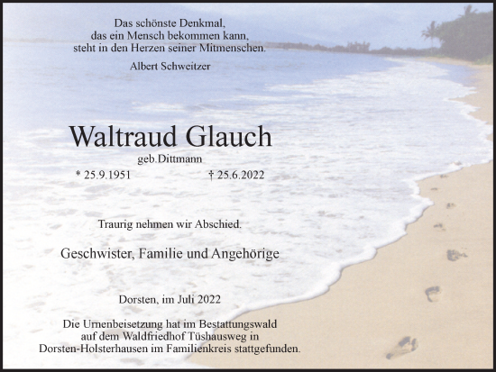 Traueranzeige von Waltraud Glauch von Ruhr Nachrichten und Dorstener Zeitung