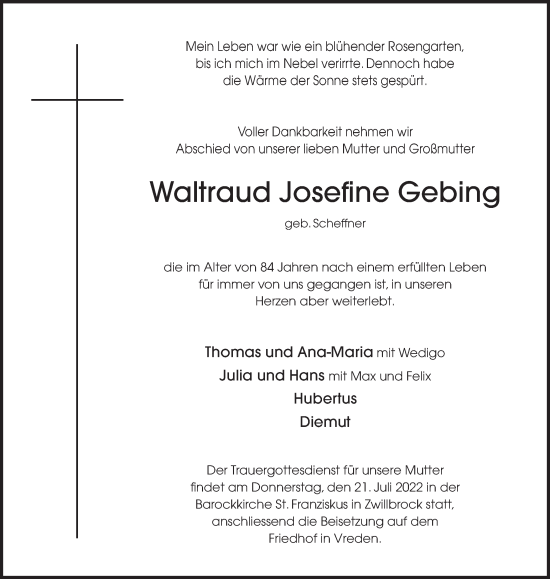 Traueranzeige von Waltraud Josefine Gebing von Münstersche Zeitung und Münsterland Zeitung