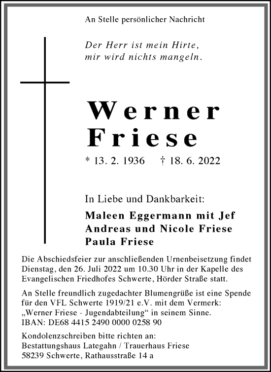 Traueranzeige von Werner Friese von Ruhr Nachrichten