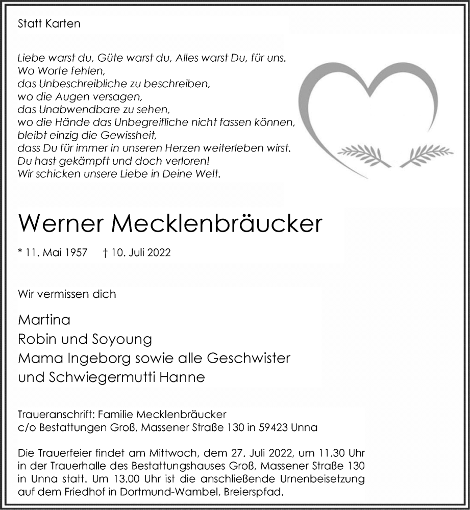  Traueranzeige für Werner Mecklenbräucker vom 23.07.2022 aus 