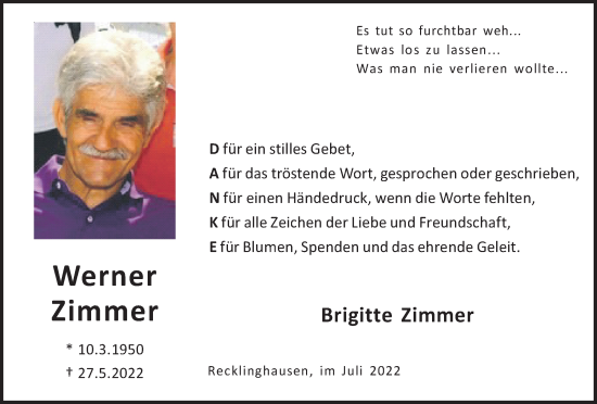 Traueranzeige von Werner Zimmer von Medienhaus Bauer