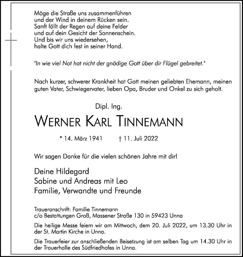  Traueranzeige für Werner Karl Tinnemann vom 18.07.2022 aus Hellweger Anzeiger