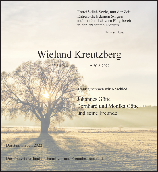 Traueranzeige von Wieland Kreutzberg von Ruhr Nachrichten und Dorstener Zeitung