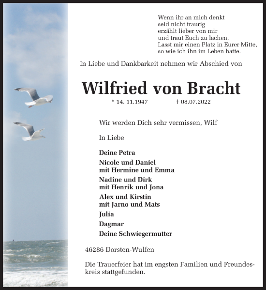 Traueranzeige von Wilfried von Bracht von Ruhr Nachrichten und Dorstener Zeitung