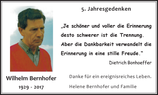 Traueranzeige von Wilhelm Bernhofer von Medienhaus Bauer