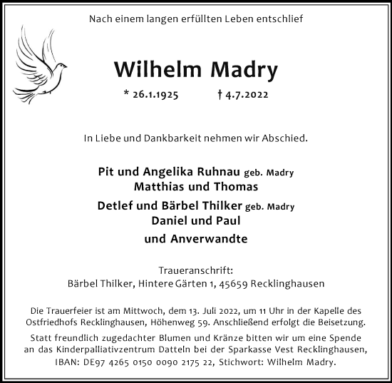 Traueranzeige von Wilhelm Madry von Medienhaus Bauer
