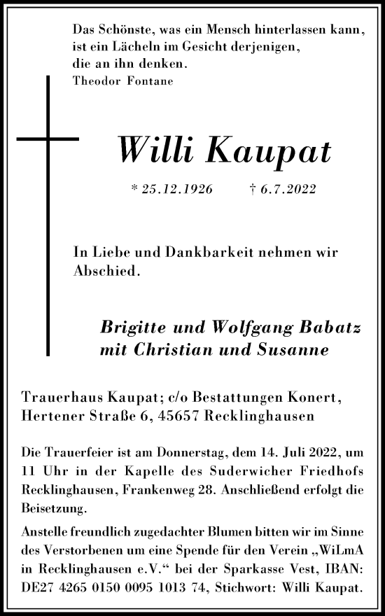 Traueranzeige von Willi Kaupat von Medienhaus Bauer