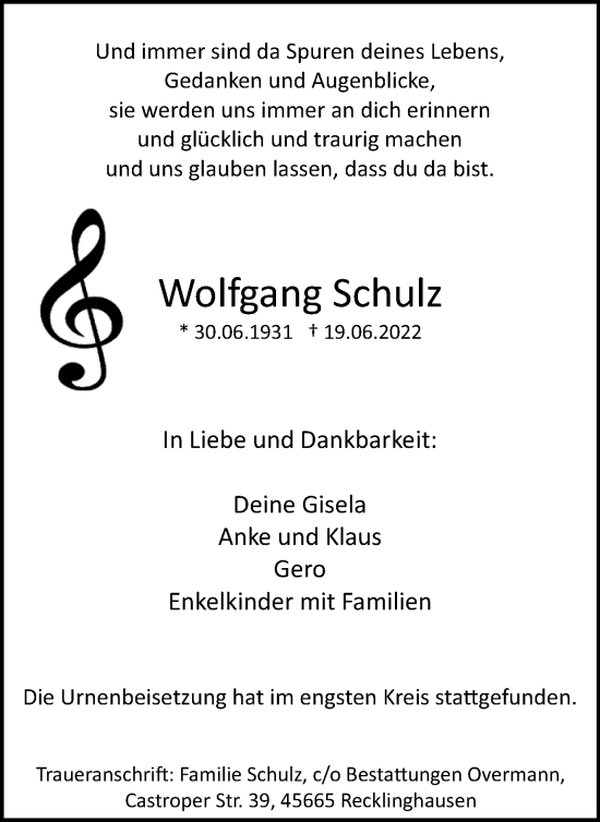 Traueranzeige von Wolfgang Schulz von Medienhaus Bauer