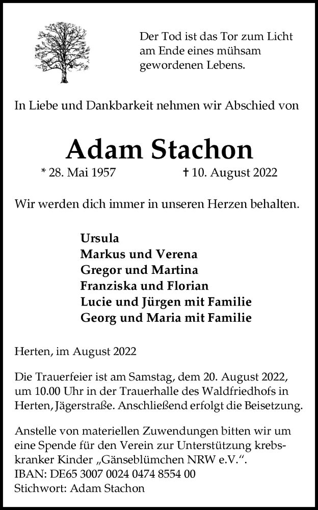  Traueranzeige für Adam Stachon vom 17.08.2022 aus Medienhaus Bauer
