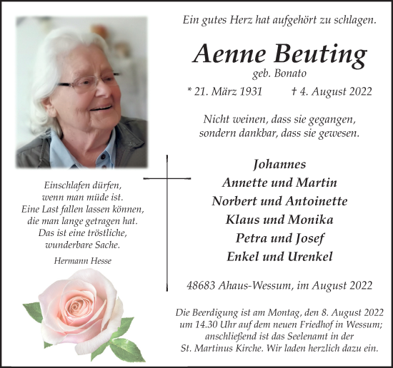Traueranzeige von Aenne Beuting von Münstersche Zeitung und Münsterland Zeitung