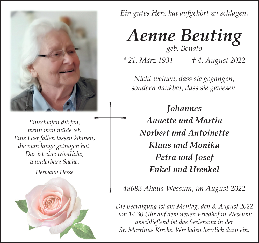  Traueranzeige für Aenne Beuting vom 06.08.2022 aus Münstersche Zeitung und Münsterland Zeitung