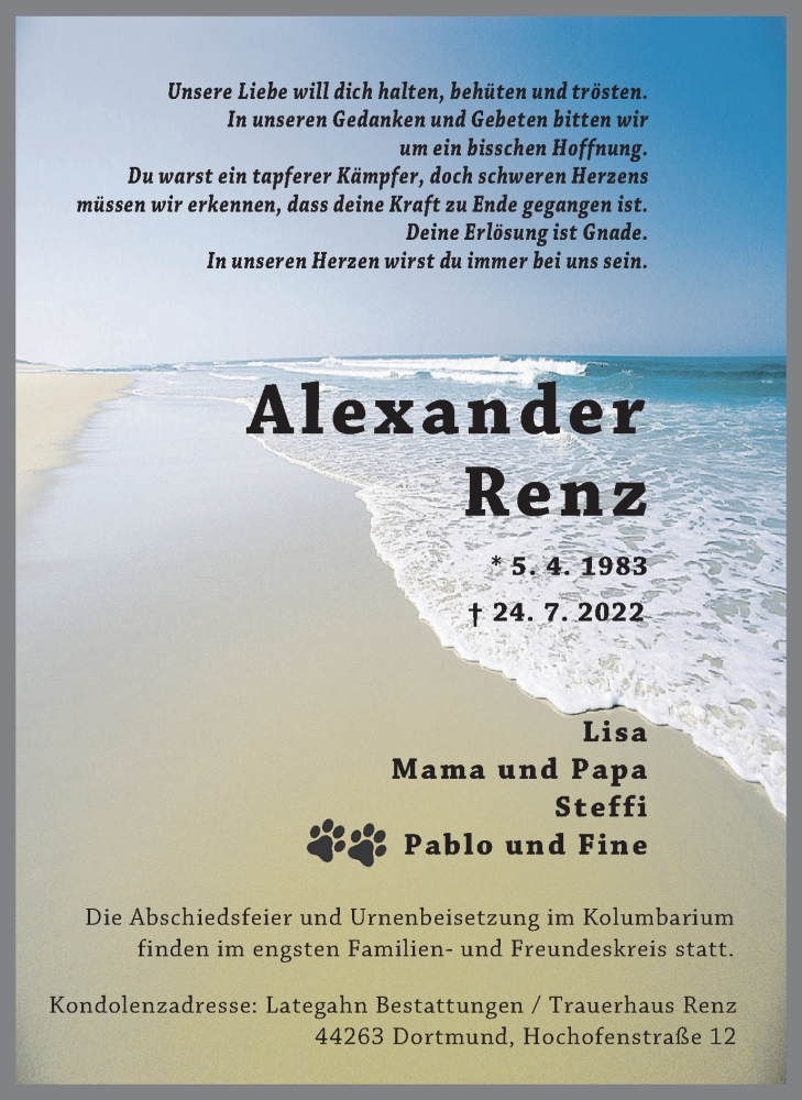  Traueranzeige für Alexander Renz vom 13.08.2022 aus 