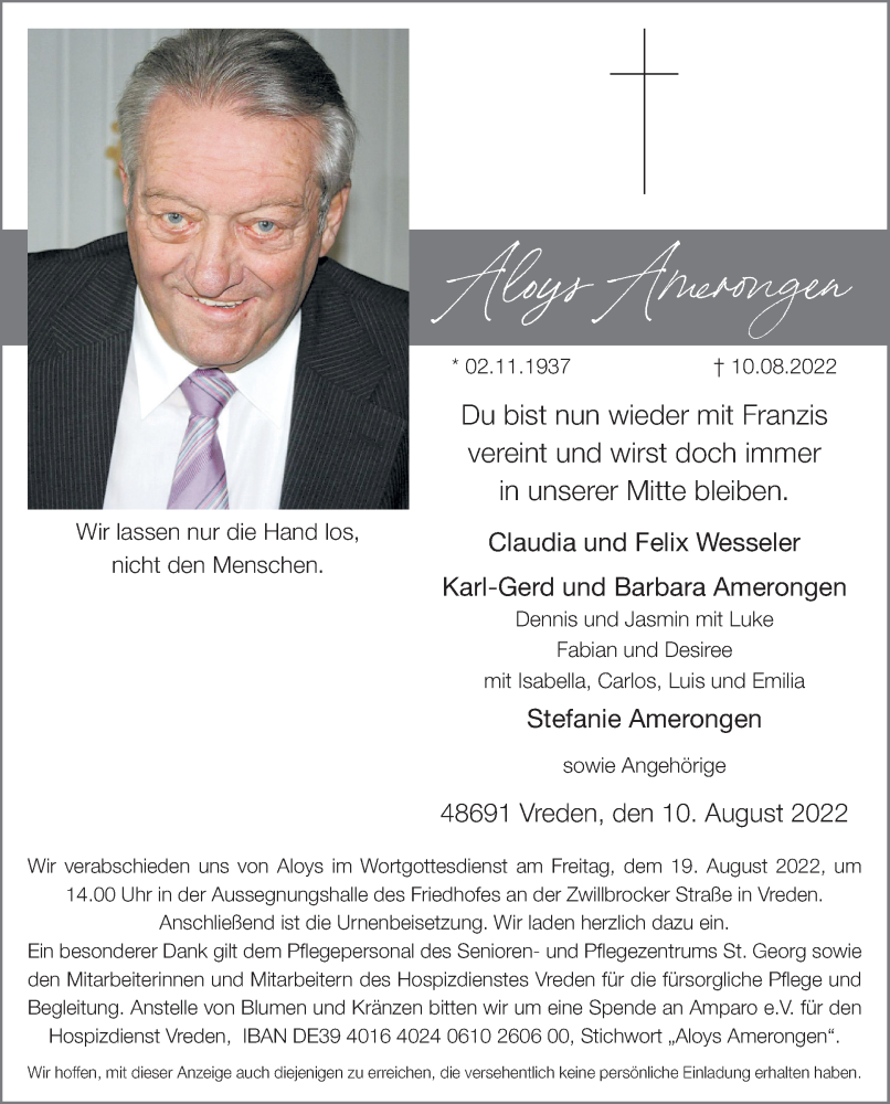  Traueranzeige für Aloys Amerongen vom 13.08.2022 aus Münstersche Zeitung und Münsterland Zeitung