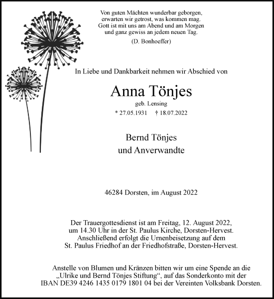 Traueranzeige von Anna Tönjes von Ruhr Nachrichten und Dorstener Zeitung