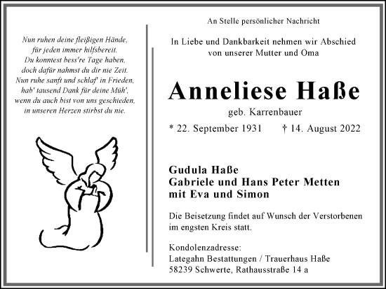 Traueranzeige von Anneliese Haße von Ruhr Nachrichten