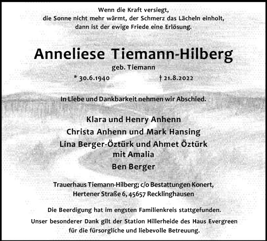 Traueranzeige von Anneliese Tiemann-Hilberg von Medienhaus Bauer