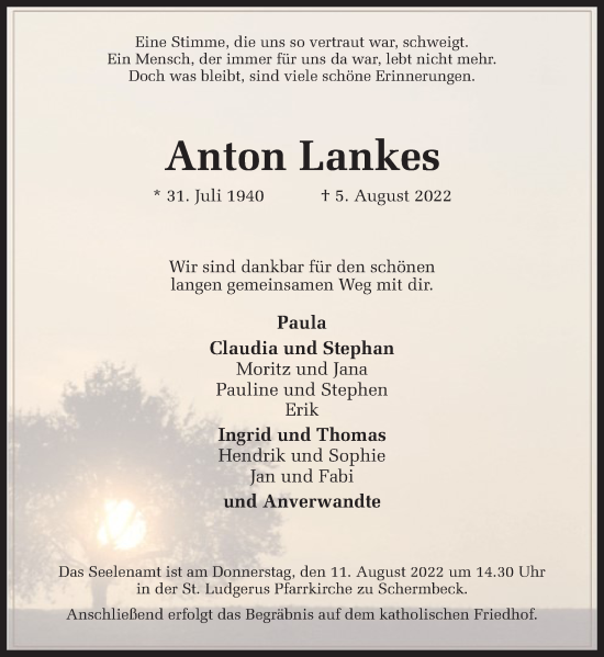 Traueranzeige von Anton Lankes von Ruhr Nachrichten und Dorstener Zeitung