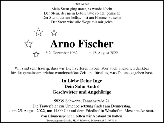 Traueranzeige von Arno Fischer von Ruhr Nachrichten