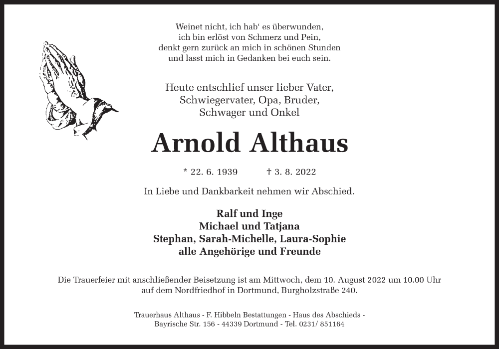  Traueranzeige für Arnold Althaus vom 06.08.2022 aus 