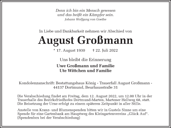 Traueranzeigen von August Großmann | sich-erinnern.de