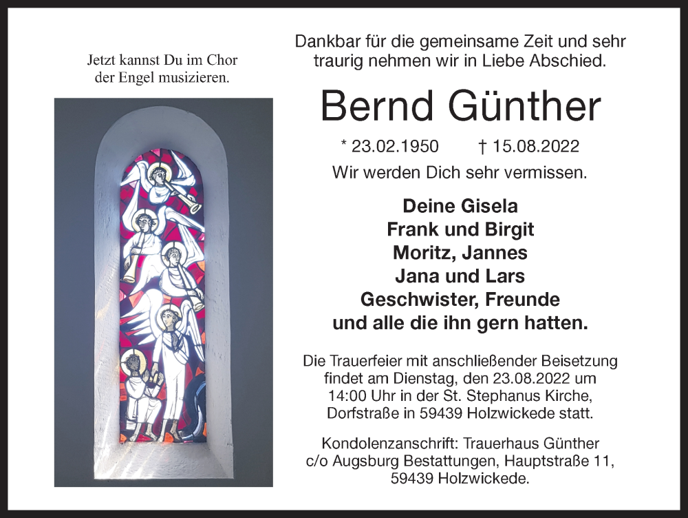  Traueranzeige für Bernd Günther vom 20.08.2022 aus Ruhr Nachrichten