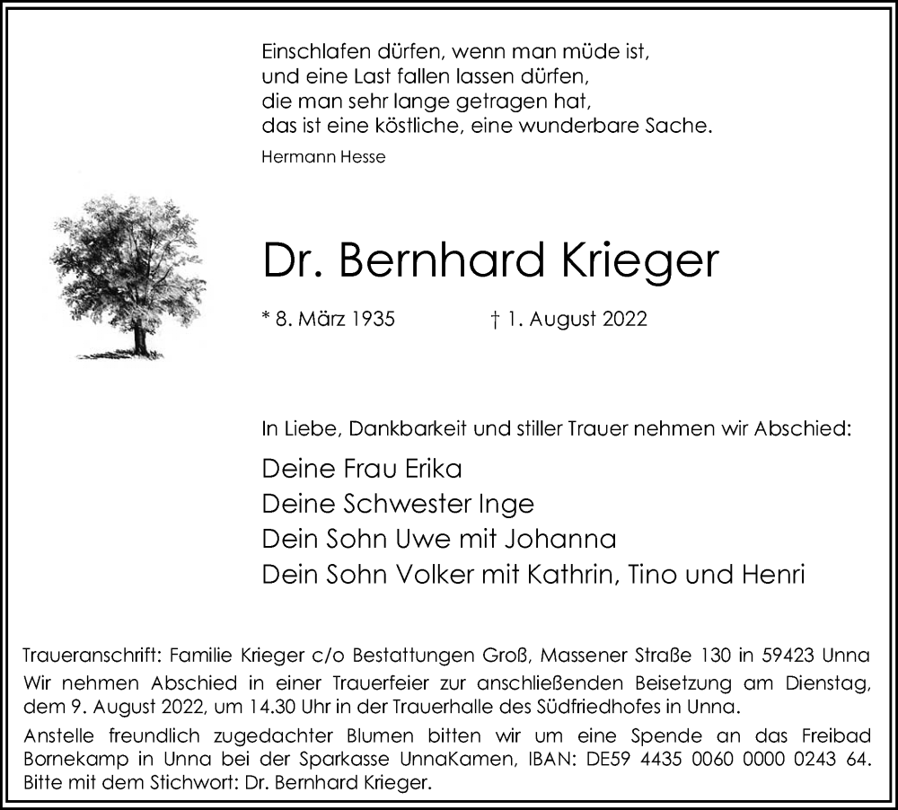  Traueranzeige für Bernhard Krieger vom 06.08.2022 aus Hellweger Anzeiger