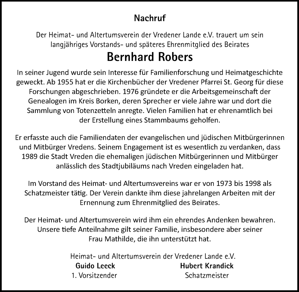  Traueranzeige für Bernhard Robers vom 09.08.2022 aus Münstersche Zeitung und Münsterland Zeitung