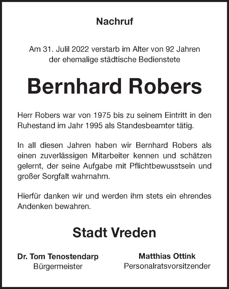  Traueranzeige für Bernhard Robers vom 04.08.2022 aus Münstersche Zeitung und Münsterland Zeitung