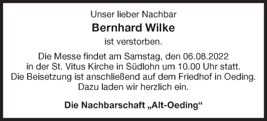 Traueranzeige von Bernhard Wilke von Münstersche Zeitung und Münsterland Zeitung