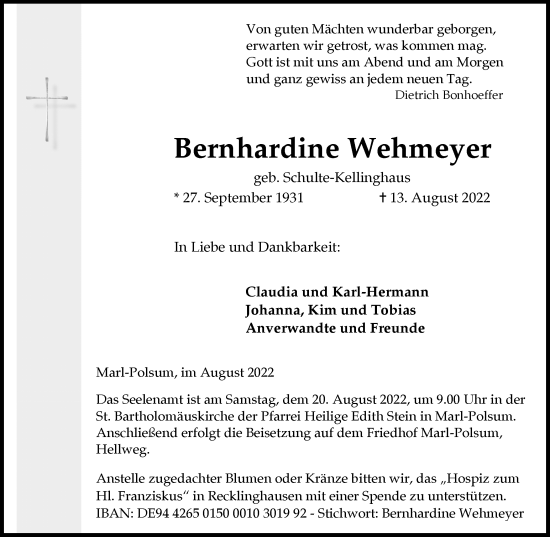 Traueranzeige von Bernhardine Wehmeyer von Medienhaus Bauer