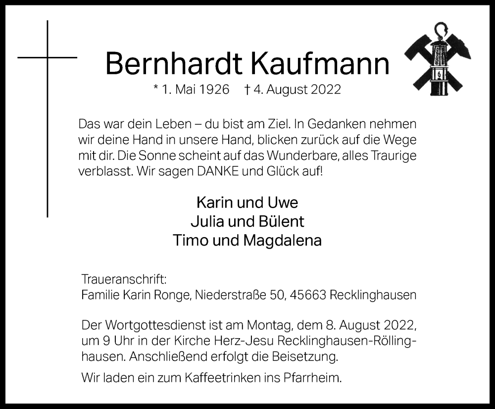  Traueranzeige für Bernhardt Kaufmann vom 06.08.2022 aus Medienhaus Bauer
