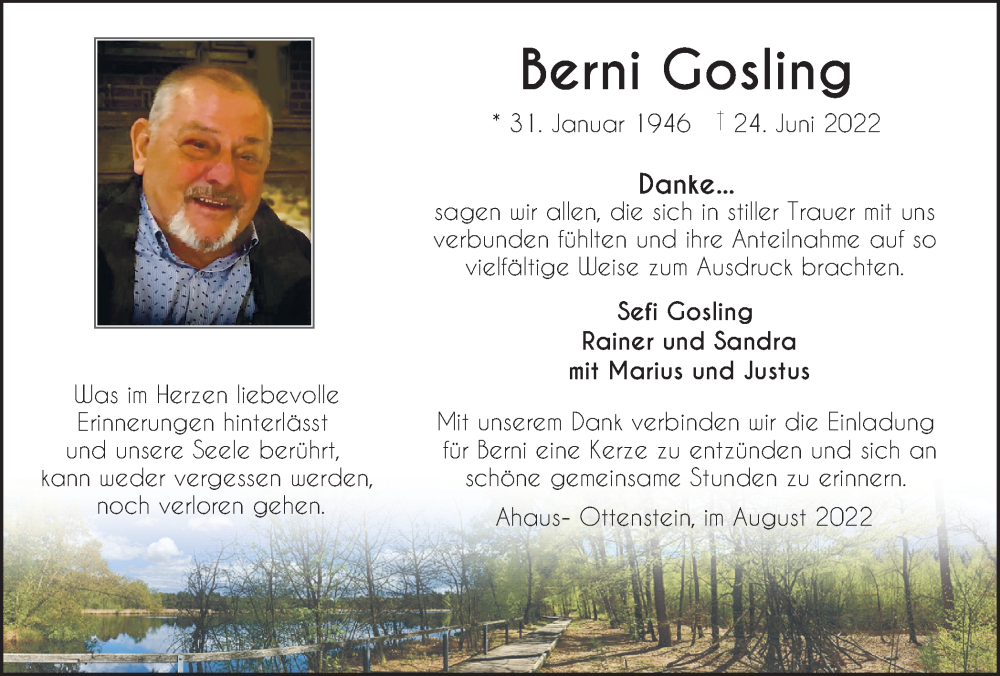  Traueranzeige für Berni Gosling vom 05.08.2022 aus Münstersche Zeitung und Münsterland Zeitung