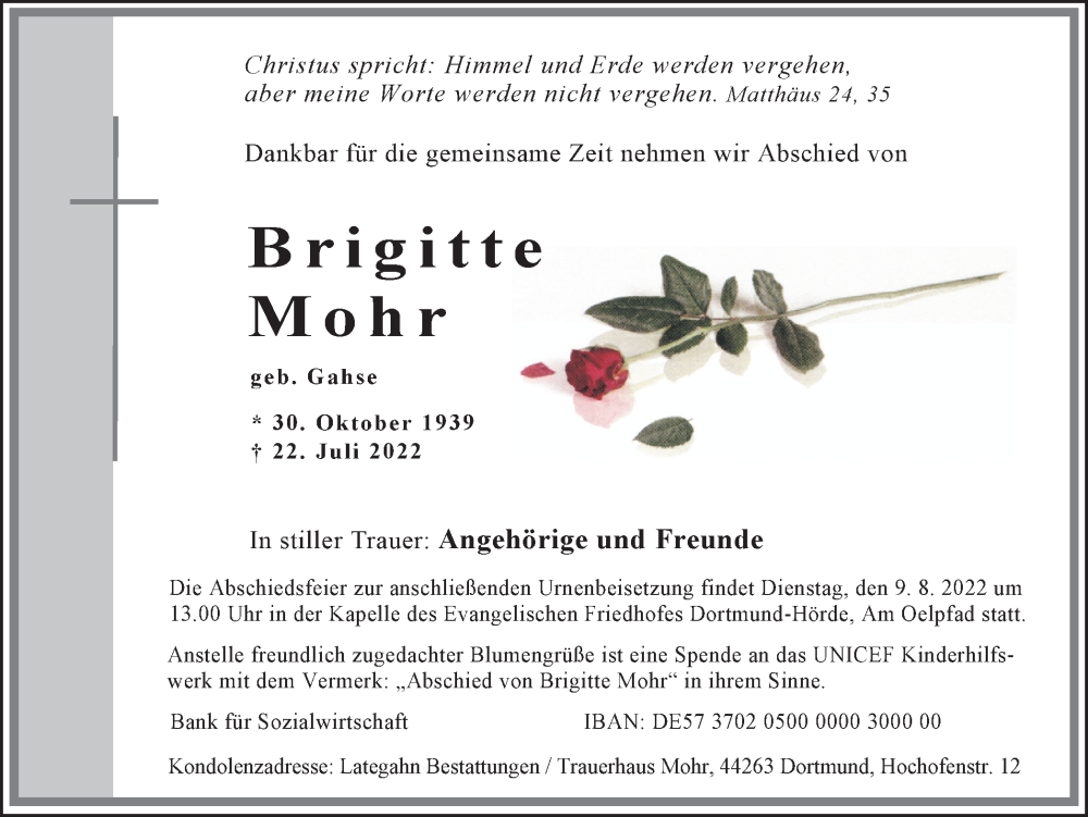  Traueranzeige für Brigitte Mohr vom 06.08.2022 aus 