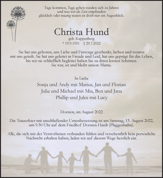 Traueranzeige von Christa Hund von Ruhr Nachrichten und Dorstener Zeitung