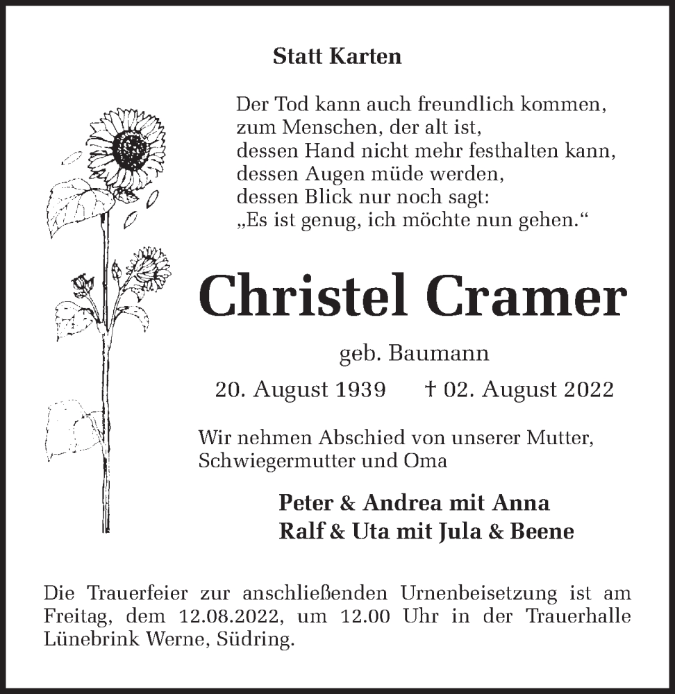  Traueranzeige für Christel Cramer vom 06.08.2022 aus Ruhr Nachrichten