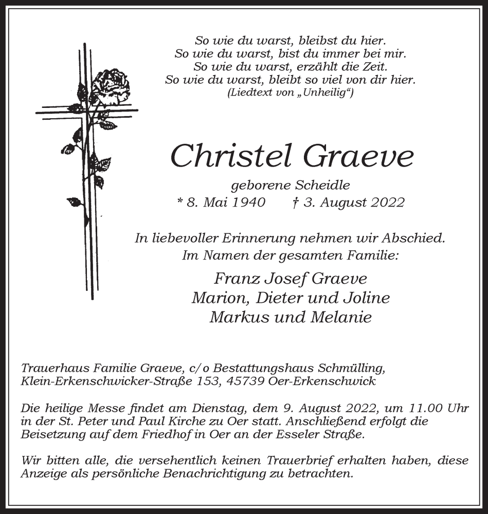  Traueranzeige für Christel Graeve vom 06.08.2022 aus Medienhaus Bauer